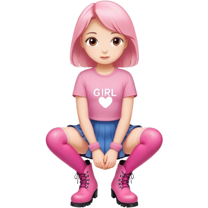  top and skirt with pink inscription “girl”  squatting in pink boots emoji