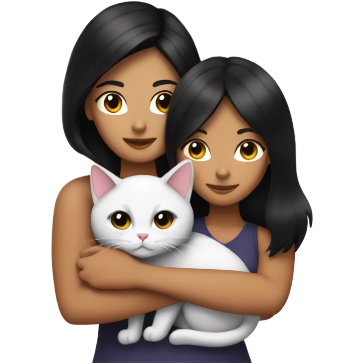 Tanned woman with black hair hugging a black and white cat  emoji