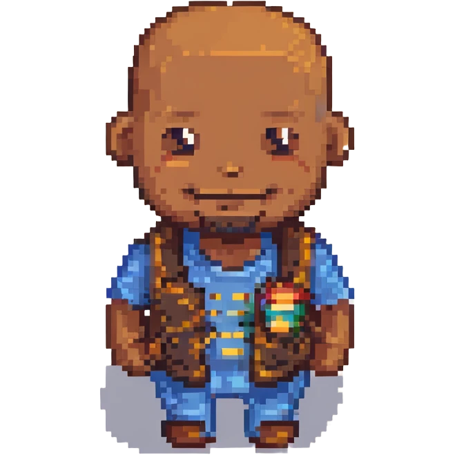Change the skin tone to a medium brown, keep the 8-bit pixel art style, bald, smiley, low beard, with no background. emoji