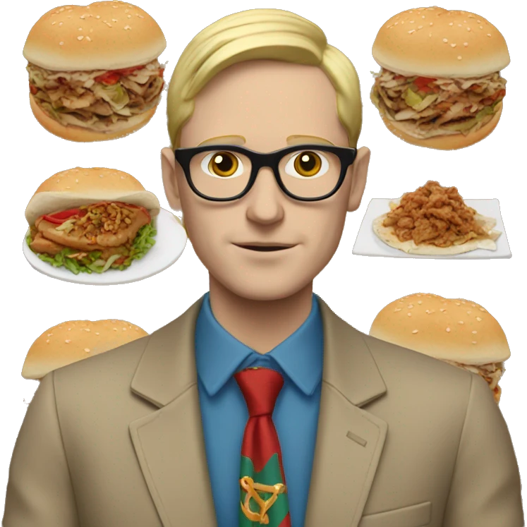 White Man with eyeglasses wearing gucci outfit eating doner emoji