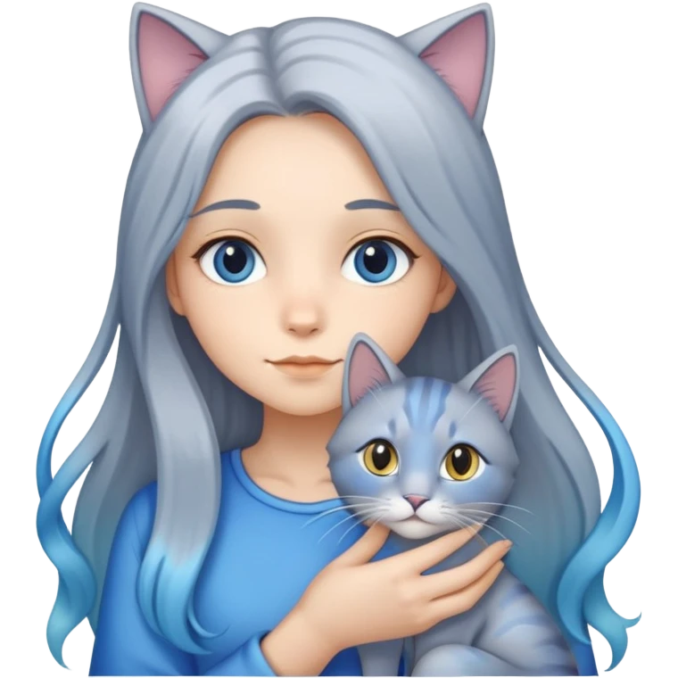 灰色长发女生抱着蓝金渐层猫 emoji