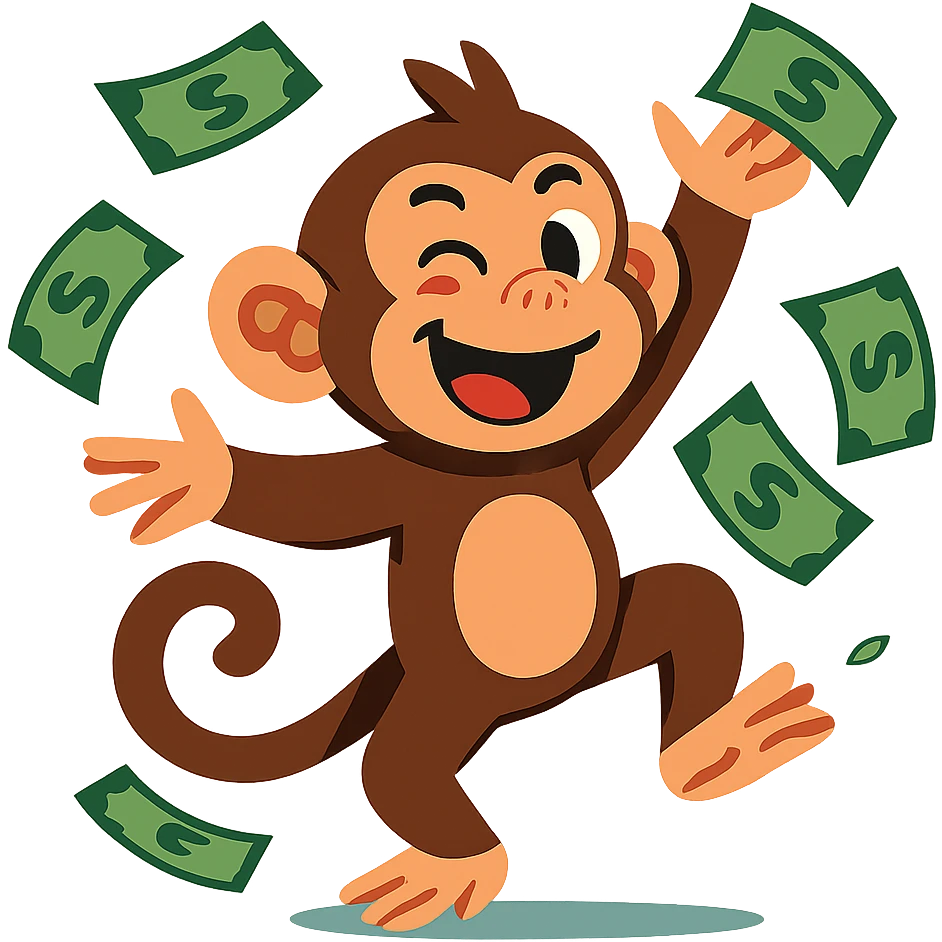cheeky monkey tossing money in the air, energetic and lively emoji