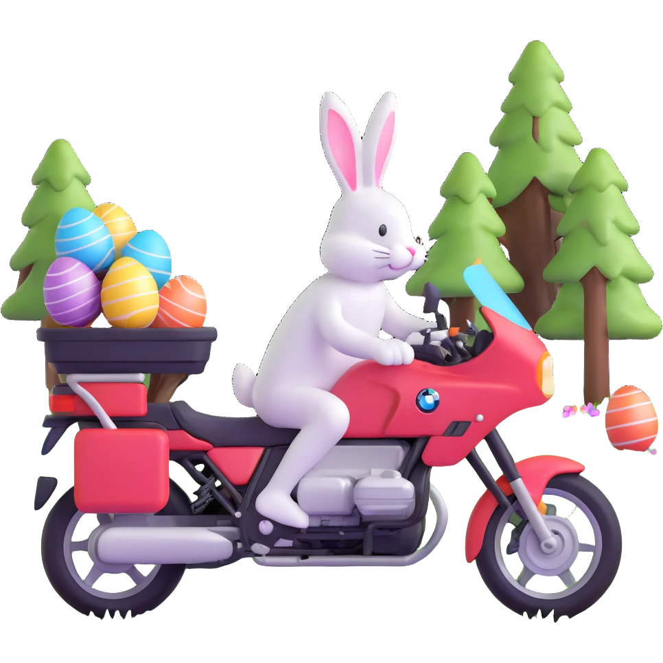 Easter bunny riding a BMW boxer motorcycle with trees and grass in the background, colorful Easter eggs hidden in the grass, and more bunnies watching from the side of the road emoji