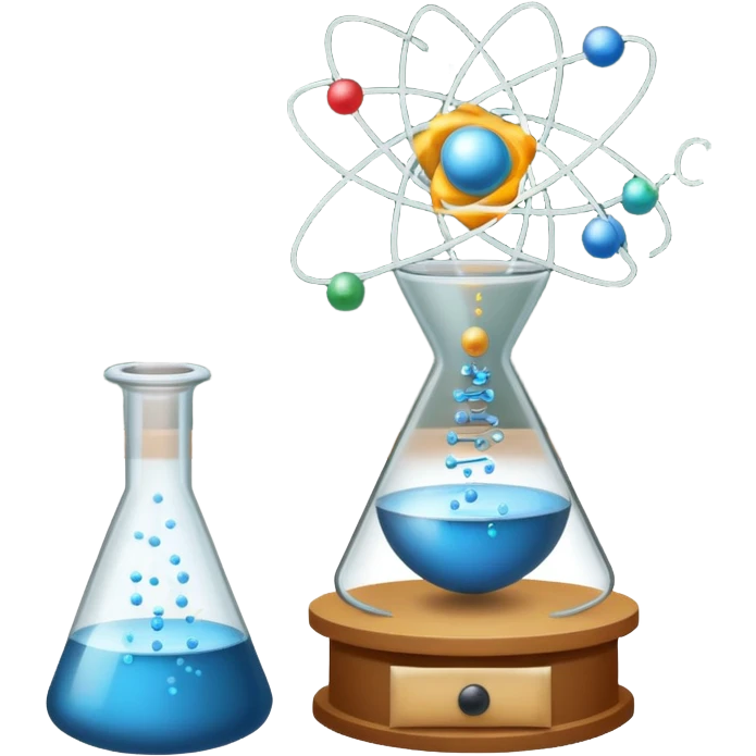An icon featuring an atom model, a beaker with swirling particles, and a chalkboard with E=mc², symbolizing physics. The design includes a magnet, a pendulum, and a prism splitting light, representing the study of matter, energy, and natural laws. Transparent background  emoji
