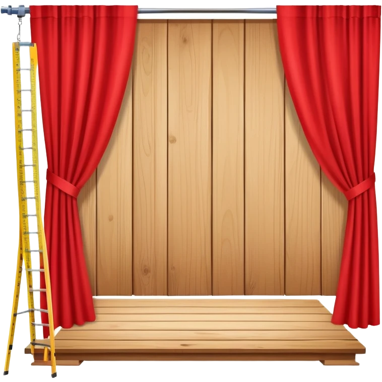Wooden plank, measuring tape, red theater curtain, and blueprint sheet arranged in a balanced, creative cluster. emoji