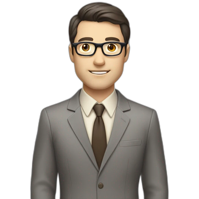 Full height Pale skinned Fit Man With dark brown hair in classic gray suit, beige office shirt, dark gray tie, and vintage glasses. His right hand is directed up emoji