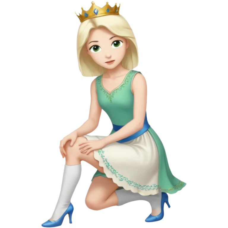 prince, upright, black Hair, blue eyes, garment,  Woman, bending knee, sleveless white dress, blonde hair, green eyes, emoji