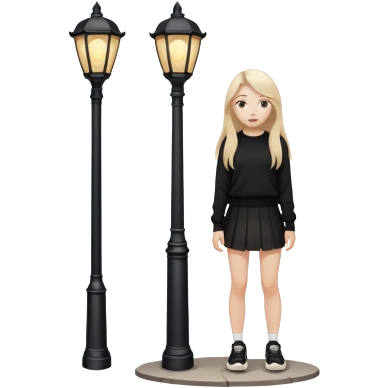 девушка с русыми длинными волосами,  в черной короткой юбке и вязаной черной кофте с дырками, в белых кедах рядом с фонарным столбом emoji