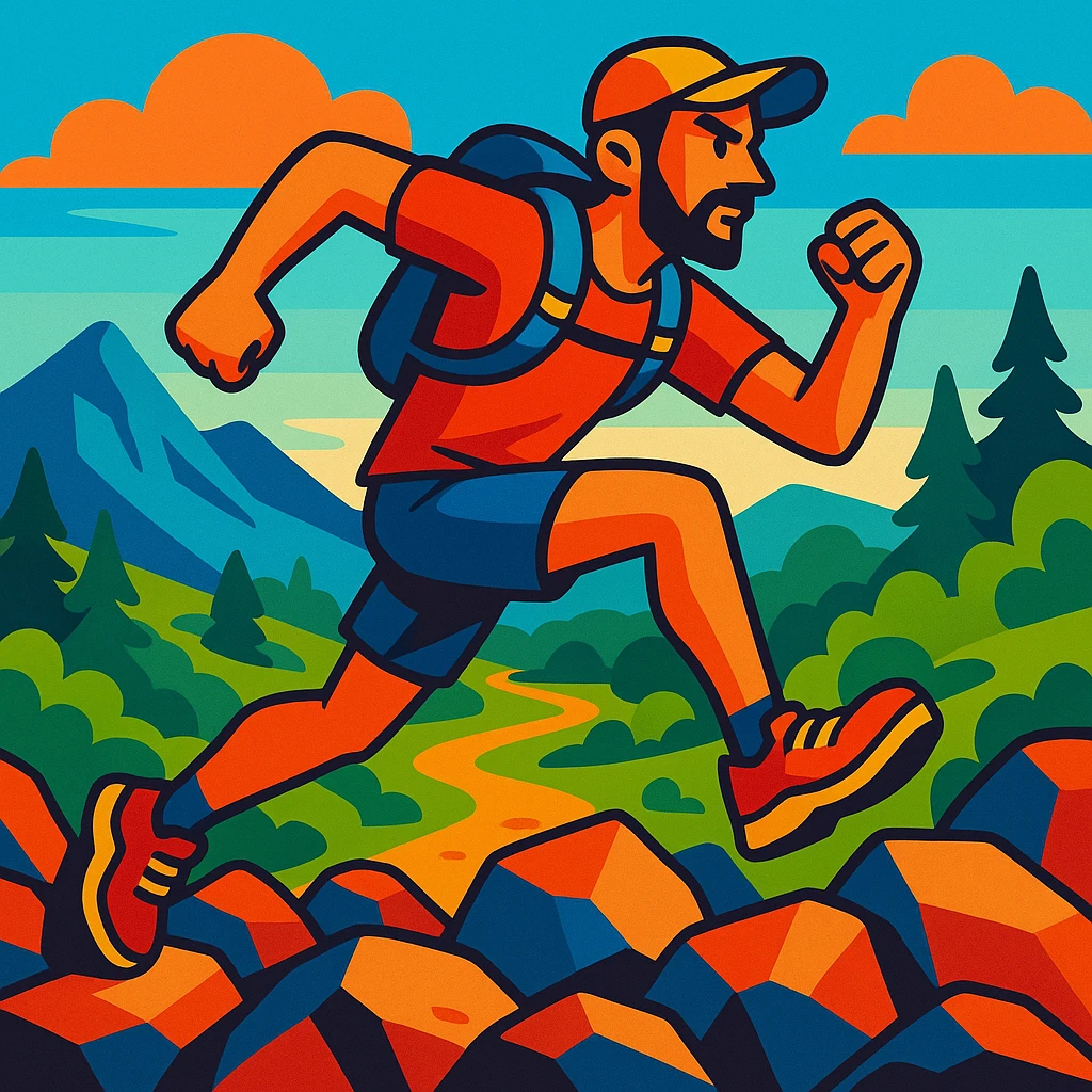 mountain trail runner, vibrant toon style, leaping over rocks, energetic, nature setting emoji