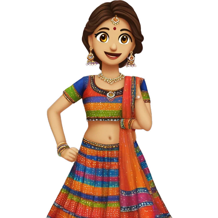 Colorful chaniya choli gujarati folk dress by itself, has stripes of various patterns and bold colors like bandej, bandhani, ketch and patch work with mirror embroidery emoji