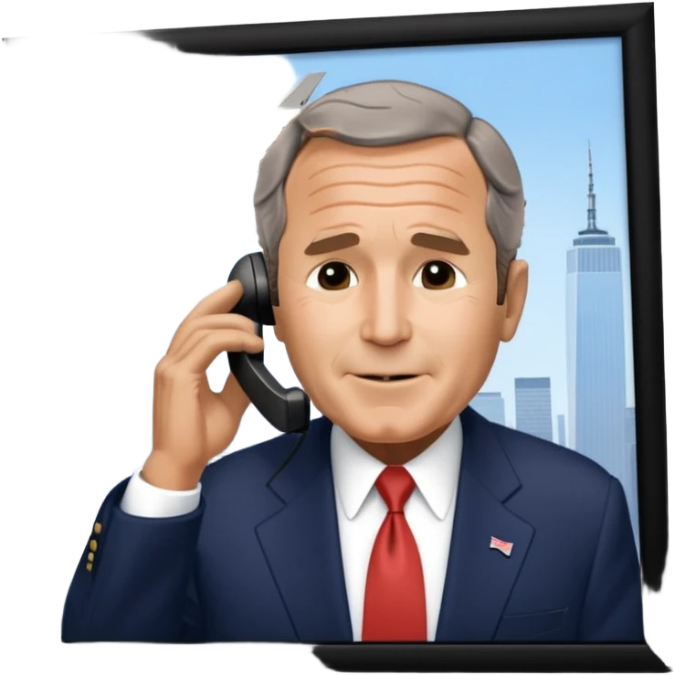  emoji of the world trade center with a plane crashed into it and george bush on a phone in front of them emoji