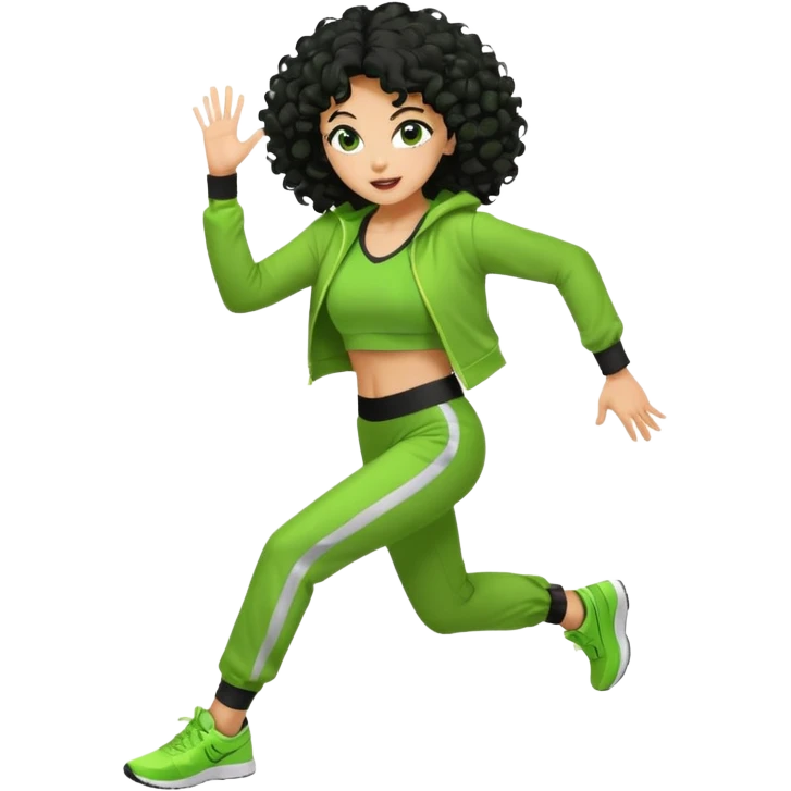 a woman with olive skin tone and curly black hair wearing green and dancing. full body, disco pose. running outfit emoji