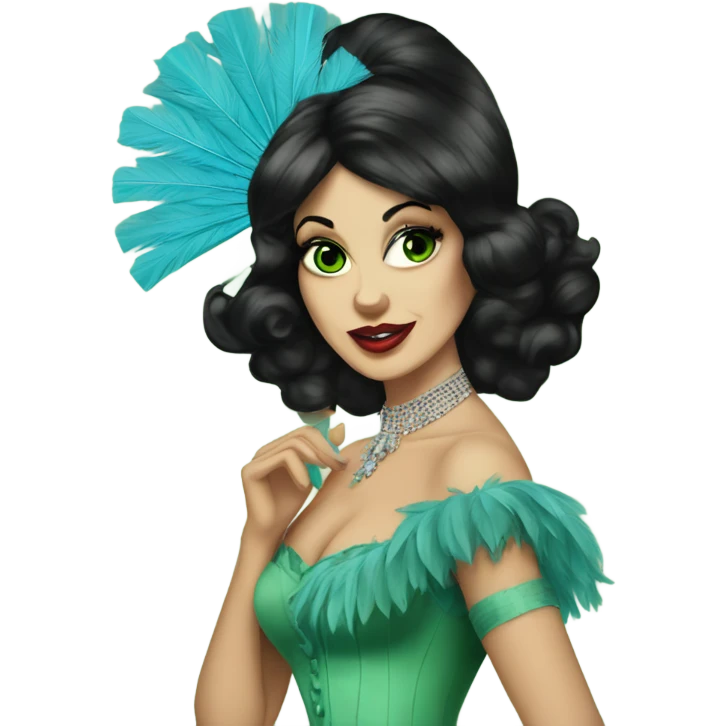 Burlesque dancer with black hair and green eyes in a vintage costume holding blue feather fans emoji