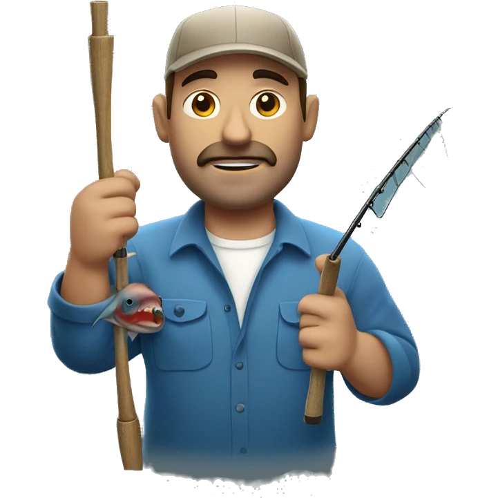 manly husband holding blue fishing rod and tuna emoji