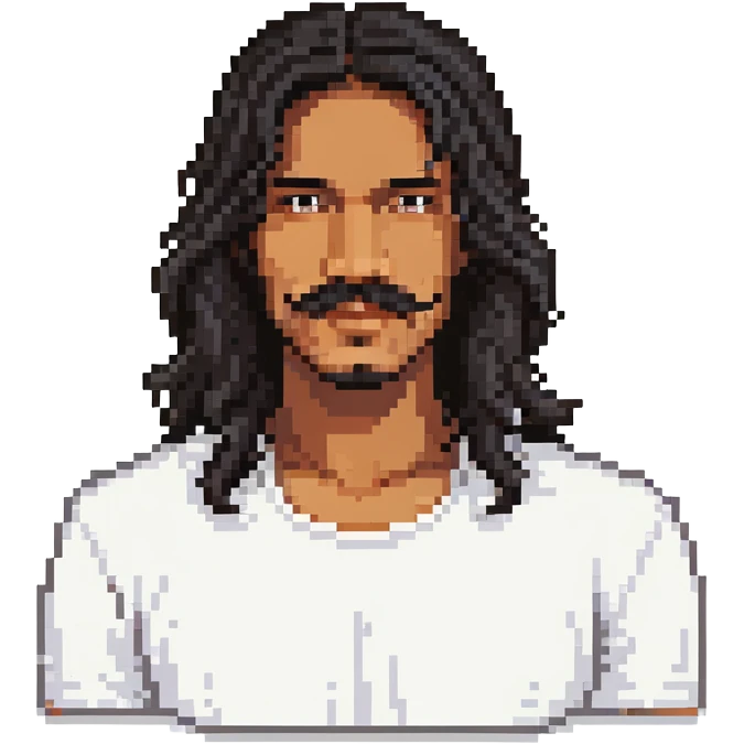 man with long black hair, mustache, no beard, brown skin emoji