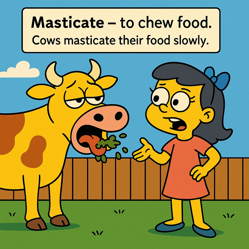 Masticate – to chew food.
Cows masticate their food slowly.
 emoji