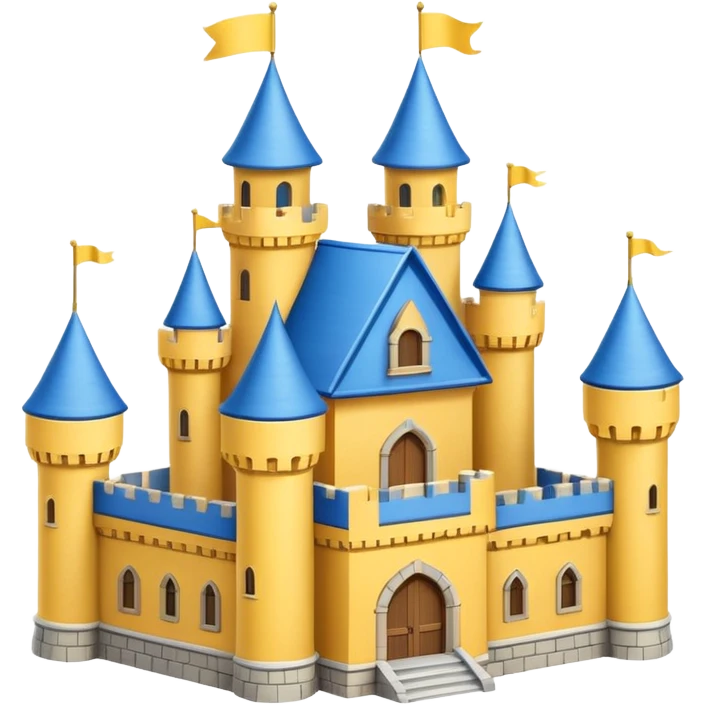 white background, magic school, with a flag, flag on a roof, yellow flag, white maigc school, blue roof emoji