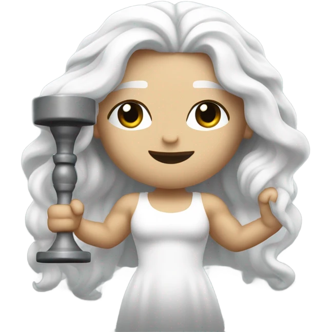 white Poseidon lift weight . long white hair white dress. emoji