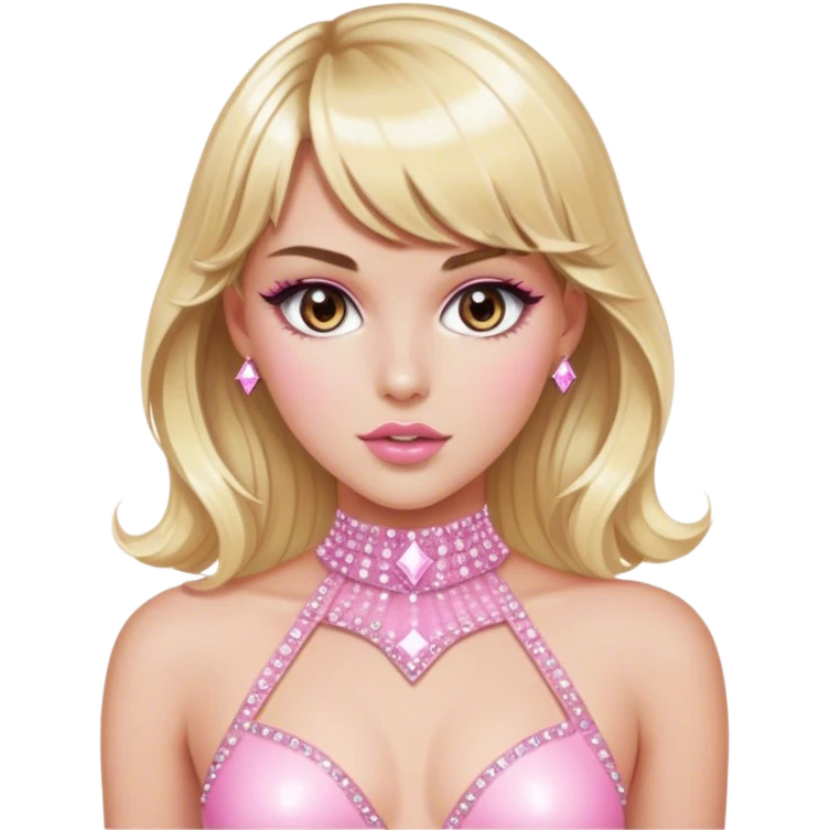 Luxury blonde model, brown eyes, sleek wavy hair with bangs, diamanté rhinestone covered pink bodysuit  emoji