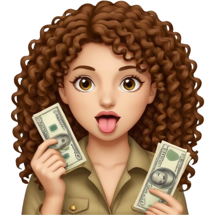 girl with brown curly hair, brown eyes, long natural lashes, holding up a lot of money with her tongue sticking out like shes flexing emoji