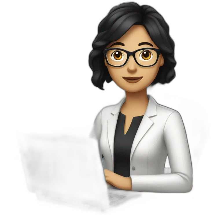 create emoji of a woman with medium black hair, wearing glasses and white, working with a computer emoji