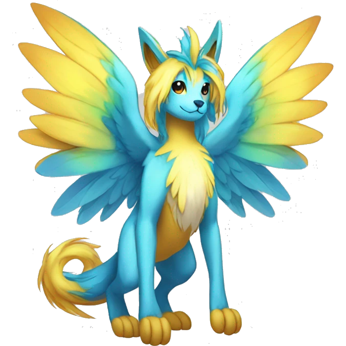 Anthro Sona Cool Cute Colorful Shy Winged Shiny Fakemon-Fantasy-Creature With Long Hair-Mane Full Body emoji