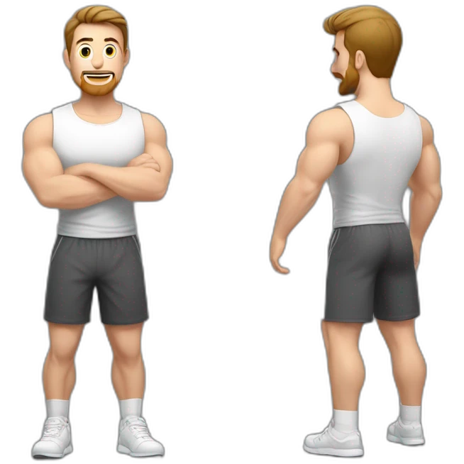 Full height Actively gesturing with hands Pale skinned Fit Man With the biceps and brown hair in dark gray Sleeveless Mike, black oversize sports shorts and white Sneakers emoji
