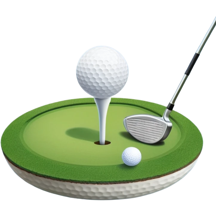 A golf ball on a tee, with a golf club placed beside it on the lush green fairway. The background shows a serene golf course with neatly trimmed grass and a clear blue sky, emphasizing the elegance and precision of the game. emoji