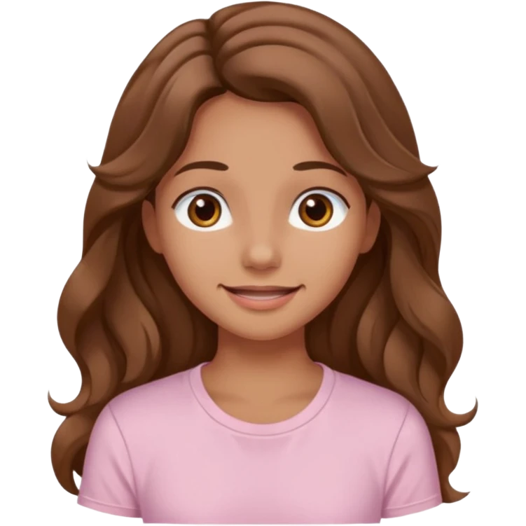 A pretty girl with tan skin and long brown wavy hair, wearing a very light pink basic shirt with brown eyes and a closed mouth smile emoji