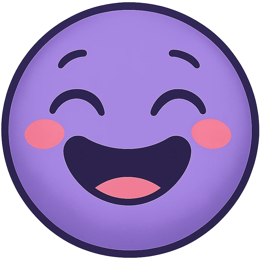 a cute purple laughing face emoji, big smile, closed eyes, blushing cheeks, joyful emoji