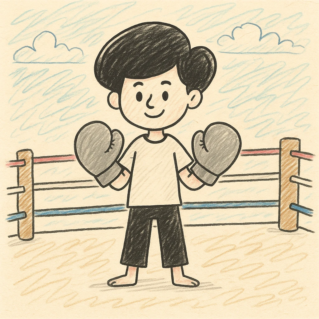Add a boxing ring background to the boy with boxing gloves in doodle style, hand drawn and sketchy with playful lines and soft colors. emoji