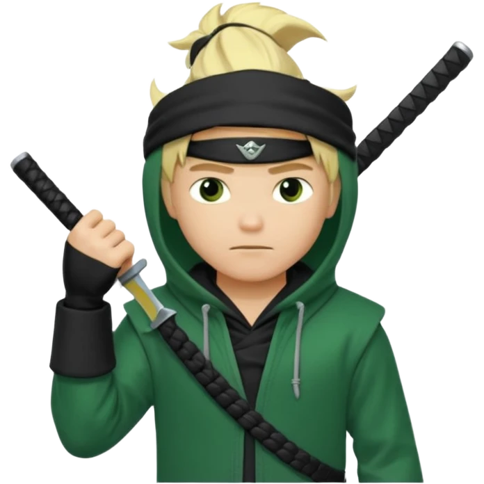 Green ninja Lloyd garmadon blonde hair, kaptur hoody on his head but blonde grzywka visible; the bottom left one is best (the one without miecze + black band + no mask of face) but add miecz emoji