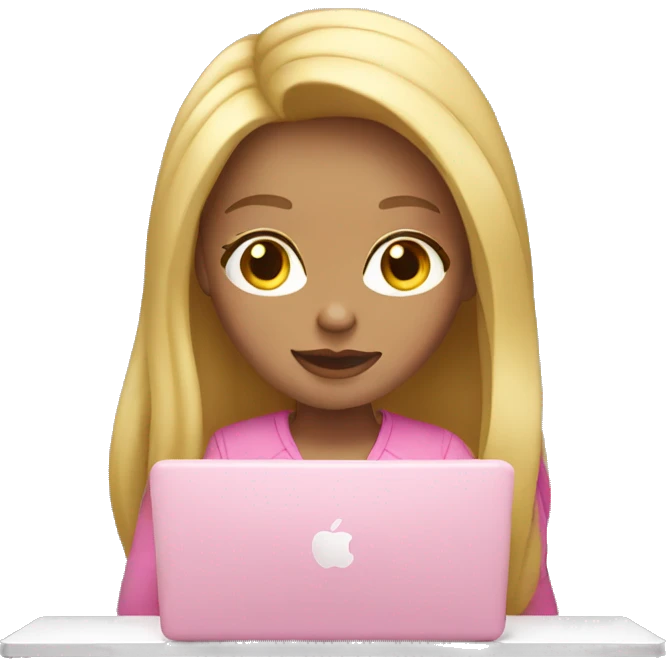 Girl with blond long  hair and  typing on pink MacBook  emoji