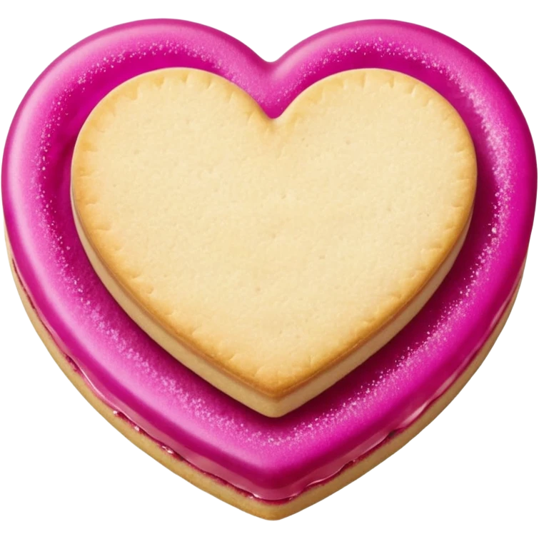 Realistic shortbread cookie in the shape of a heart with Fuchsia color jelly middle filling and sprinkled powder sugar on top. emoji