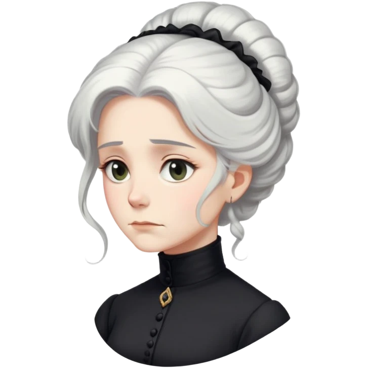 A Victorian woman with elegant coiffed white hair and light eyes wearing a simple modest black turtleneck mourning dress looking down with a forlorn expression emoji