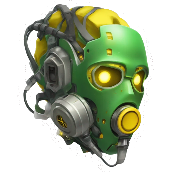Green skin cyborg head with dark yellow Mohawk, white respirator mask and circuitry emoji