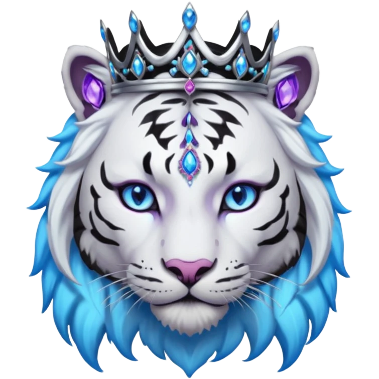 ESO Female white/black tiger khajiit leader of the umbral rose, glowing blue eyes, glowing blue 'third eye' gem, black dreadlocks; silver crown/tiara with purple gems emoji