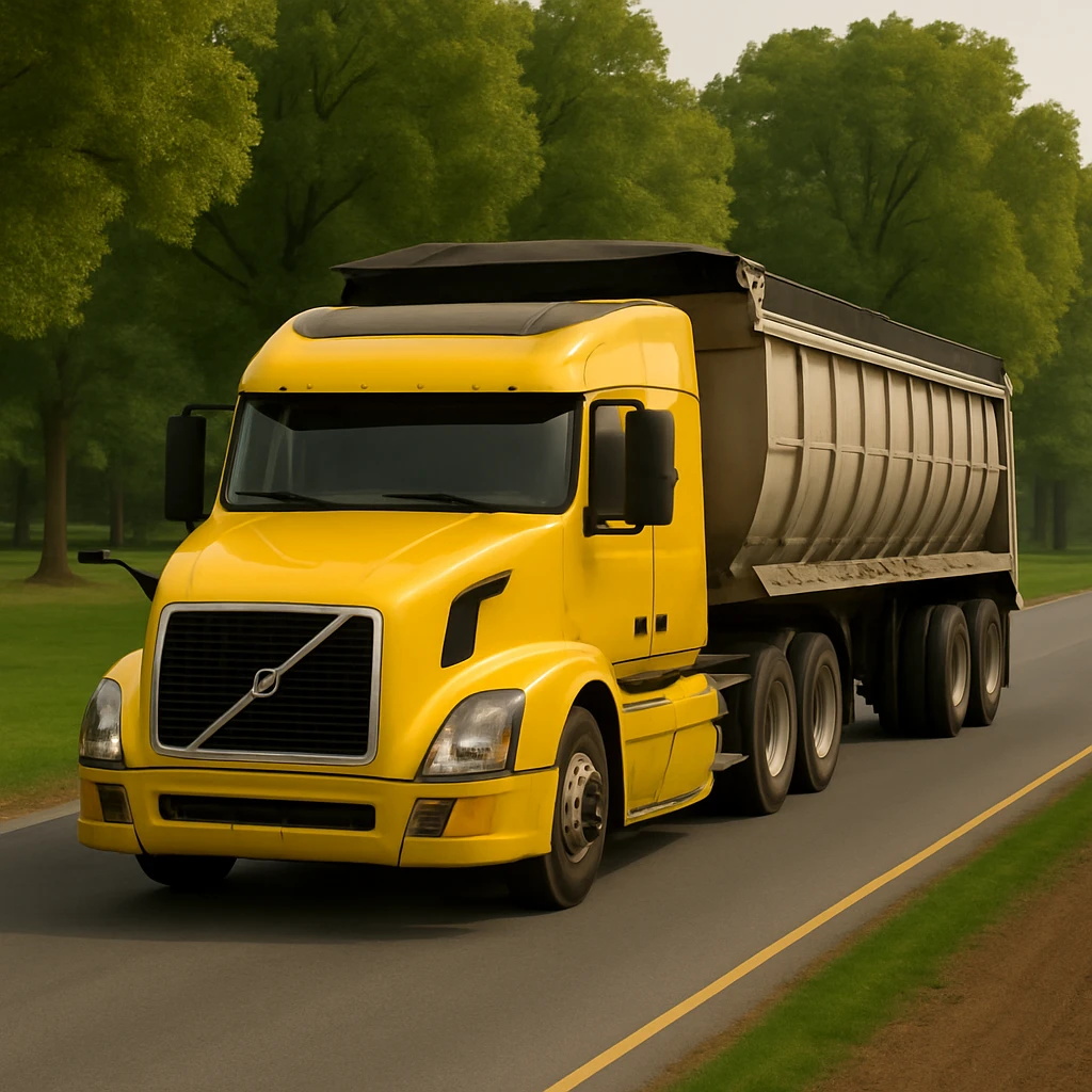 Turn the yellow Volvo sleeper semi truck with a large end dump trailer around so it is facing toward the viewer, with more trees in the background, in a realistic style. emoji