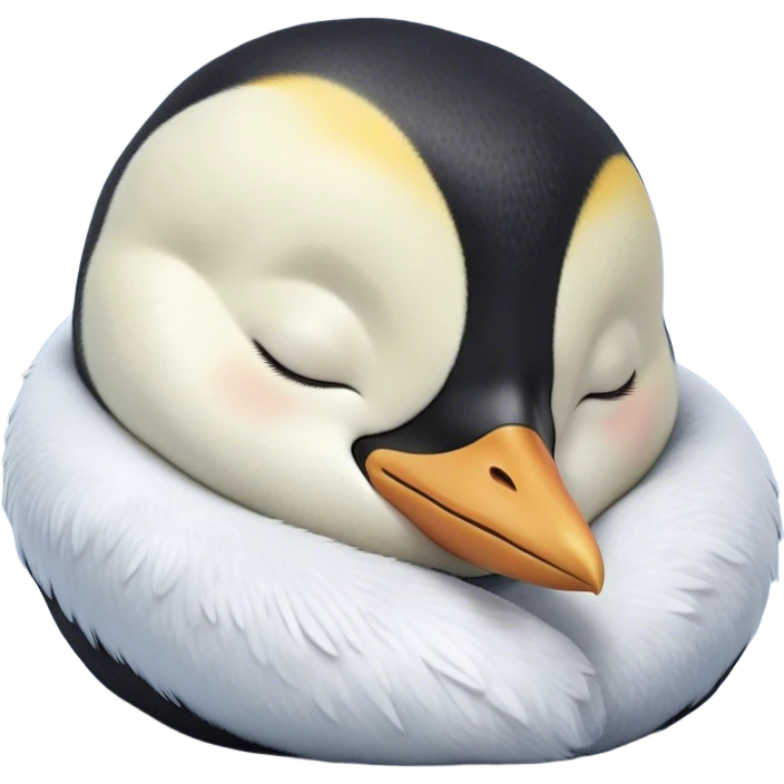 Meme-Worthy cute Sleeping Emperor Penguin Portrait Emoji, Head resting peacefully with a contented smile, showcasing luxuriously soft feathers and a serene, slumbering gaze, Simplified yet hilariously adorable features, highly detailed, glowing with a soft, drowsy polar light, high shine, relaxed and utterly lovable, stylized with an air of playful laziness, bright and heartwarming, soft glowing outline, capturing the essence of a comically sleepy emperor that feels destined to become the next viral sensation of adorable rest! emoji