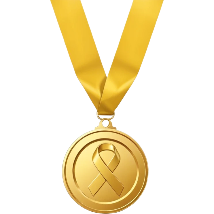 A golden medal with a glossy finish, featuring a central gold awareness ribbon symbol, NO NECK RIBBON emoji