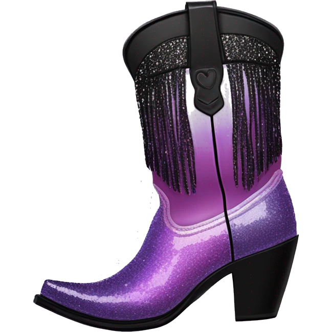Realistic pastel purple to black ombre pair of fashion cowgirl boots with sparkly shiny glitter fringe on them. emoji