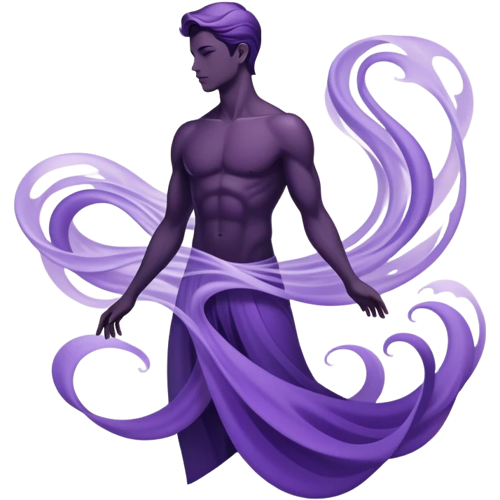 Masculine silhouette formed by subtle purple flowing energy waves with ethereal style elements floating around it, minimal fashion pieces surrounding the form emoji