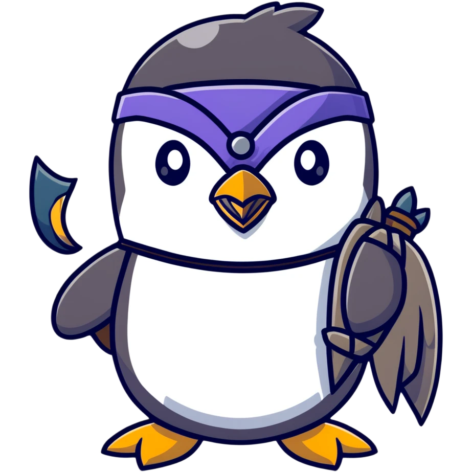 Cute penguin as Norse god Odin with two ravens on shoulders, wearing a Viking helmet and eyepatch emoji