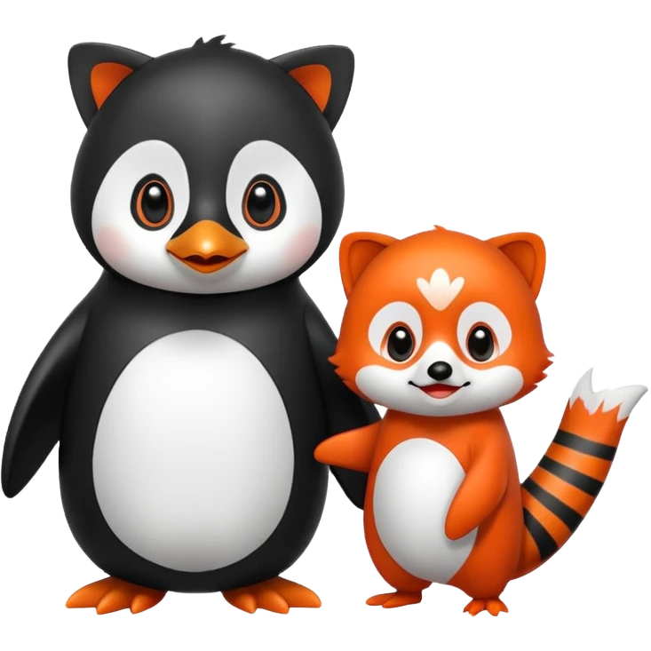 A cartoon  cute cartoon penguin. Next to it is a cartoon red panda holding its flipper  emoji