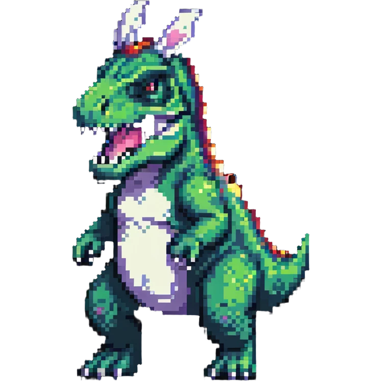 T-Rex with bunny ears and tail in pixel art style emoji