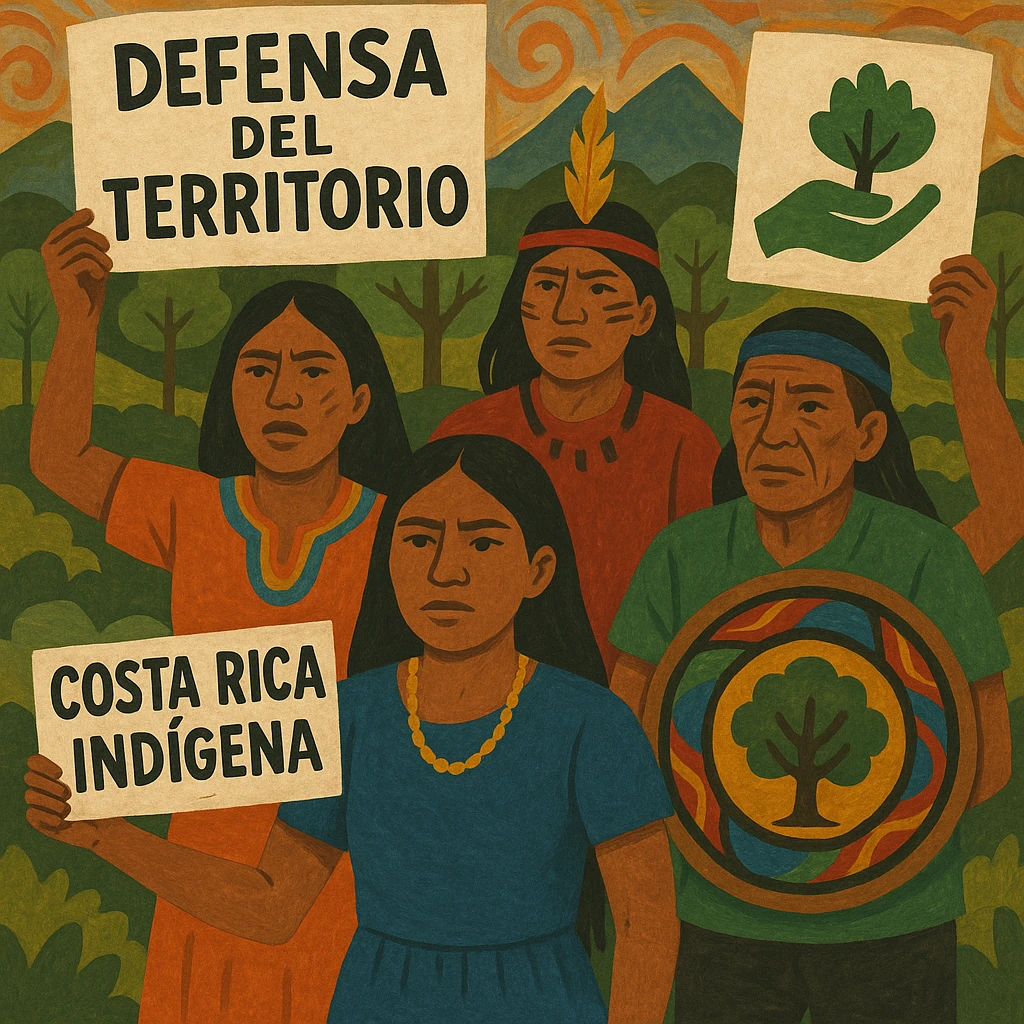 Costa Rican indigenous people peacefully protesting to defend their territory, with visual elements representing protection of ancestral lands emoji