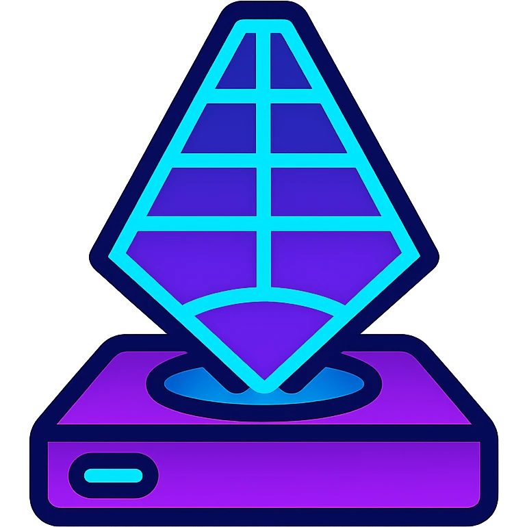 save icon (floppy disk or cloud with down arrow), futuristic holographic look, purple and cyan neon lines emoji