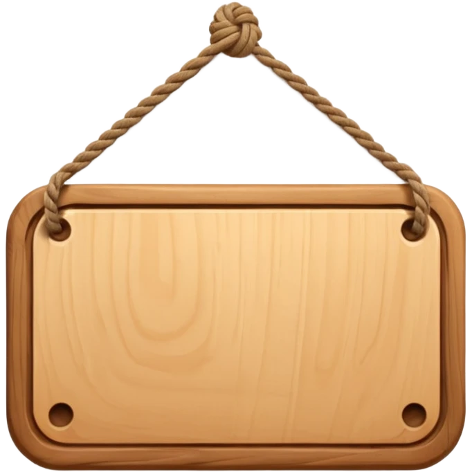 3D cartoon style wooden hanging signboard, smooth polished wood texture, rounded edges, detailed wood grain, thick twisted ropes going through holes on both sides, hanging rope knots visible, isolated on white background, soft shadow, high resolution, digital illustration, centered composition emoji