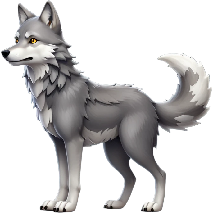 cinematic-[wolf]-realistic-full-body-standing-emoji,-tail-resting-loosely-beside-its-paws,-head-tilted-dramatically, -scruffy-[grey]-fur,-simplified-yet-realistic-focused-features,-highly-detailed,-glowing-with-an-almost-sarcastic-glow emoji