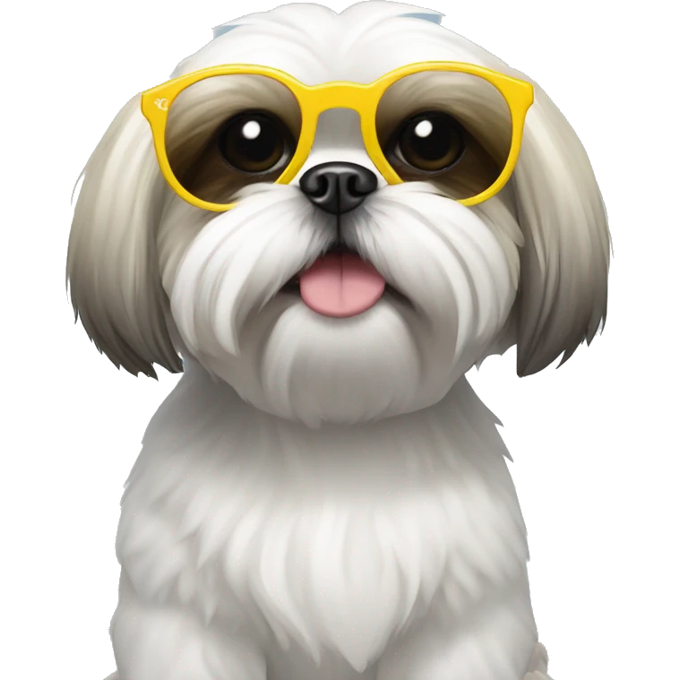 White shihtzu wearing circle sunglasses with yellow rim emoji